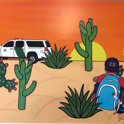 Colorful image of a young boy with a backpack hiding behind a cactus from a white vehicle.